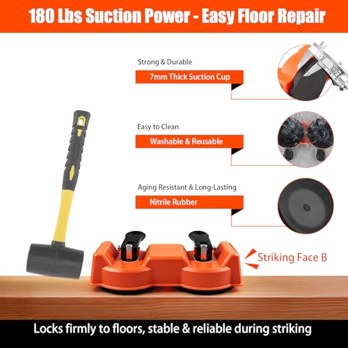 Floor Gap Fixer Tool for Laminate, Vinyl Plank, Hardwood, Dual Suction Cup Flooring Repair Kit with 10 Sticky Pads, Durable Plank Grabber, Heavy Duty Gap Puller Dual-Sided 75° Striking Surface
