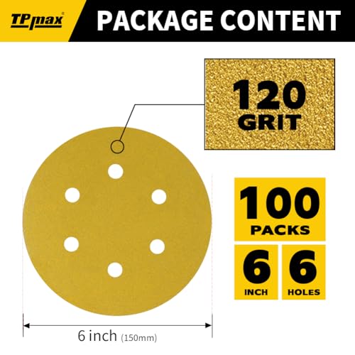 100PCS 6 Inch 120 Grit 150mm 6 Hole Sanding Discs Sandpaper - Premium Gold Round Hook and Loop for Random Orbital Sander - Ideal for Wood, Metal, Automotive - style: 120 Grit - 100 Pack