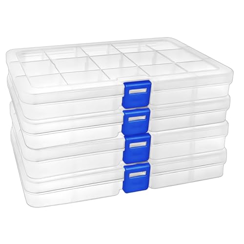 Eiito Bead Organizer, 15 Grids, Small Plastic Clear Box, 4 Pack
