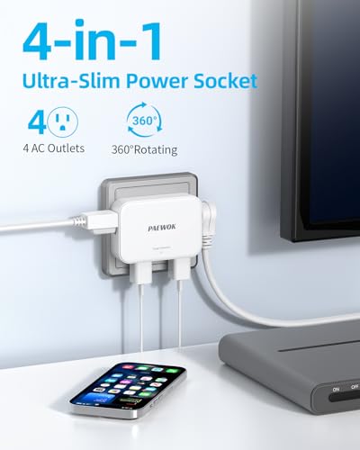 Outlet Extender, 360° Rotating Flat Wall Plug Adapter