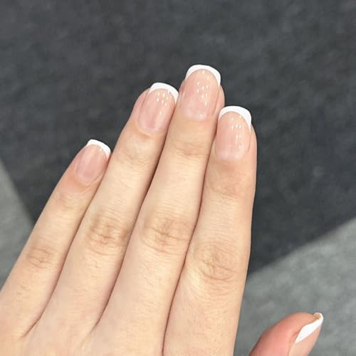 White French Tip Press On Nails, Extra Short Square Designer, Reusable Acrylic Fake Nails with Glue, Glossy Soft Gel Nails for Wedding and Party, Stick On Glue On Nails for Women - Gift - color: DZ020- Extra Short French, size: 24 Pieces (Pack of 1)