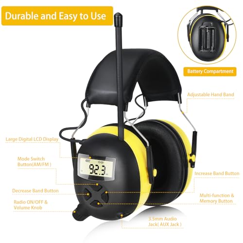 BJKing AM/FM Radio Headphones with Digital Display, 30dB AM FM Hearing Protection Safety Ear Muff, Ear Protection Headphone for Mowing, Landscaping, Shooting and Construction Black-Yellow - color: Yellow