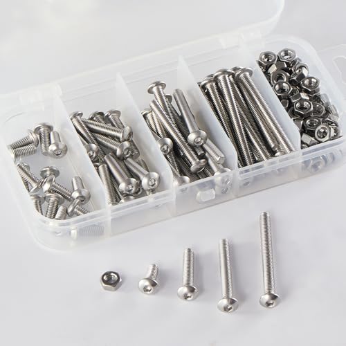 M4 x 10mm 20mm 30mm 40mm Button Head Socket Cap Screws Bolts and Nuts, Stainless Steel 304, Bright Finish, Metric Allen Hex Drive, Fully Thread, Assortment Kit 120PCS - size: Button M4x10-40mm+Nuts