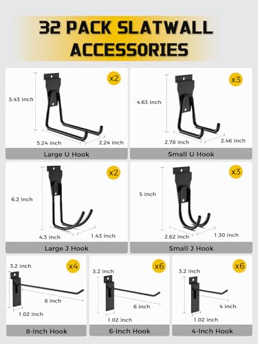 AZUNO 32Pcs Slatwall Accessories Set with 4 Slatwall Baskets & 26 Multi-Sized Slatwall Hooks and 2 Heavy-Duty Storage Straps for Garage, Workshop, and Home Organization Storage - size: 4 Baskets+26 Hooks+2 Straps