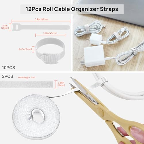 193 PCS Cable Management Kit - 4 Cable Sleeve, 57 Self Adhesive Cable Clips, 12 Hanging Strips, 12 Cable Organizer Straps and 100 Fastening Cable Ties for TV Computer Under Desk (White) - color: White