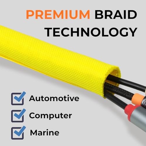 1 inch Split Braided Cable Management Sleeve for USB Cable Power Cord Audio Video Cable, High-Temperature Automotive Harness Wire Loom Cord Protector from Cat Dog Chewing (Yellow, 10FT) - color: Yellow, size: 1 inch (25mm)