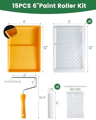 voomey 15 Pcs 6 Inch Paint Roller Kit with Small Paint Roller - style: 15pcs 6inch paint roller kit