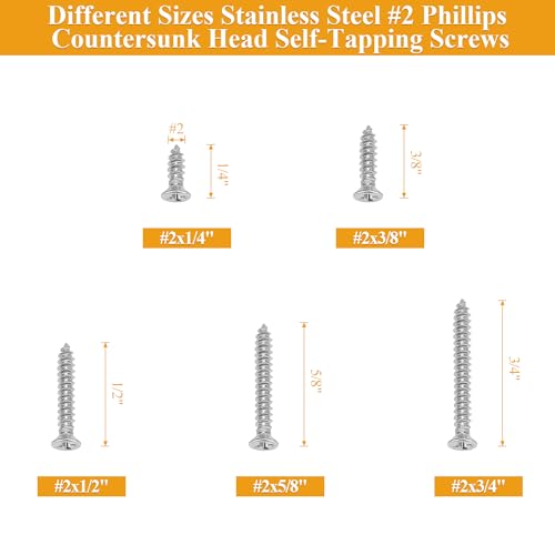 245 Pieces #2 x 1/4" 3/8" 1/2" 5/8" 3/4" Wood Screws Set, Phillips Countersunk Head #2 Self-Tapping Screws Assortment Kit, 304 Stainless Steel - size: #2, style: Phillips Countersunk Head