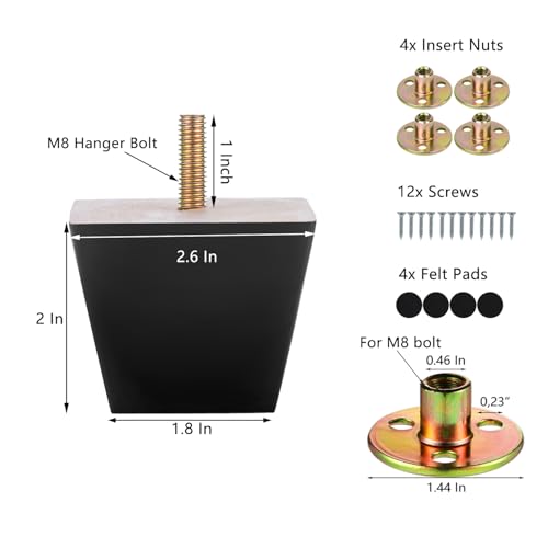 Michanco Furniture Legs 2 inch Black Square Sofa Couch Feet Wood Replacement Leg Set of 4 for Ottoman Dresser Cabinet - size: 2 Inch Black