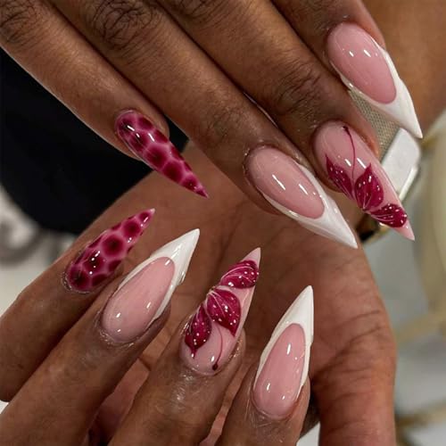 3D Pink Press on Nails Almond - Medium French Tip Fake Nails with Embossed Flower&Red Charm Designs, Glossy Finish Reusable False Nails 24Pcs Nail Kit for Women Manicure(3D Embossed design 1) - color: 3D Embossed design 1