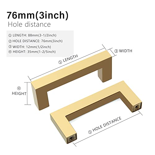 Cabinet Pulls Gold Cabinet Handles Square Drawer Pulls, 5 Pack 3 Inch Stainless Steel Kitchen Door Cupboard Cabinet Handles, Drawer Hardware Handles, 76mm Hole Centers - color: Gold, size: Two Hole - 3 inch Hole Centers(76mm)