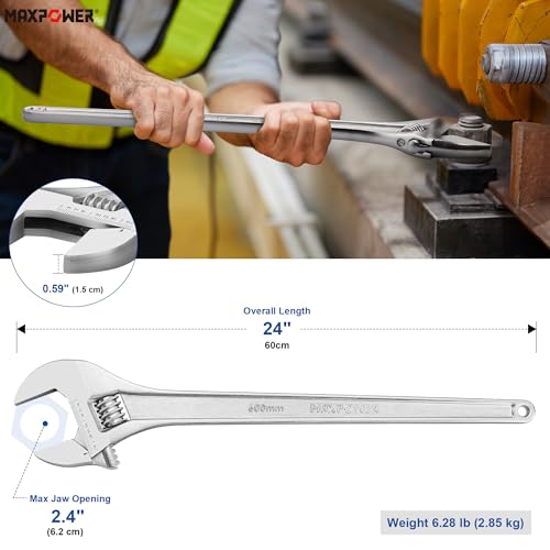 MAXPOWER 24" Adjustable Wrench, 2.4" Jaw Opening, Tapered Handle | Heavy Duty Large Adjustable Wrench Ideal for Plumbing, Nuts, and Pipes Fitting, SAE/Metric Scales - size: 24"