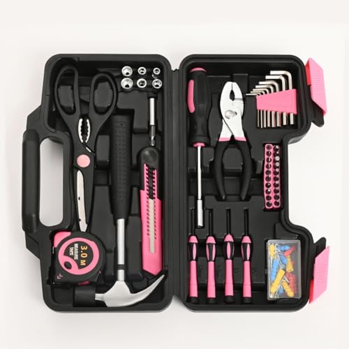 HANGYING 132-Piece Home Tool Kit for Women with Plastic Toolbox Pink - color: Light Pink