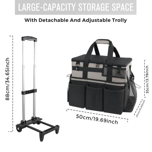 SCAVATA Rolling Cleaning Caddy Bag with Detachable Trolley, Large Cleaning Supplies Organizer with Wheels, Multi-Pocket Cleaning Cart with Adjustable Shoulder Strap for Housekeepers (WarmGrey) - color: WarmGrey