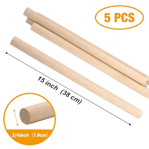 Wooden Dowels Wooden Sticks for Crafts 3/4 x 15 Inch, 5 PCS Wood Dowel Rods, Macrame Sticks for Crafts, Unfinished Solid Birch Hardwood Round Stick for Wands, Curtain Rods, Rhythm Stick - size: 3/4"×15"- 5 PCS