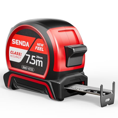 SENDA Tape Measure 25FT with 1/8 Fraction, Double-Hook Measuring Tape Retractable with 1 Inch Wide Blade & Belt Clip, ABS TPR Rubber Protection,Matte Nylon-Coated Blade for DIY, Construction (1 Pack) - color: Red, size: 25 FT