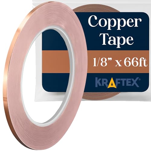 Kraftex Copper Tape 1/8 inch x 66ft. Copper Foil Tape for Stained Glass Soldering with Conductive Adhesive. Great Shielding for Guitars, EMI Shielding, Jewlery Making and Crafts - size: 1/8" x 66ft