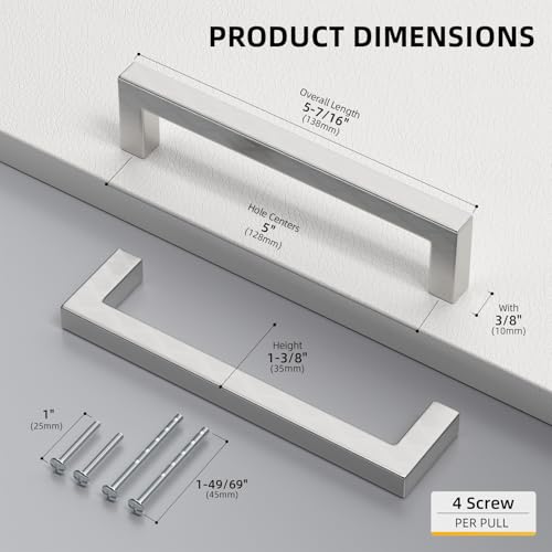 Goldenwarm Brushed Nickel Cabinet Pulls 30 Pack 5 Inch, Square Drawer Handles, Stainless Steel, Screws Included, Silver Kitchen Hardware for Cupboard Closet Furniture Upgrade - size: 5In(128MM) Hole Centers