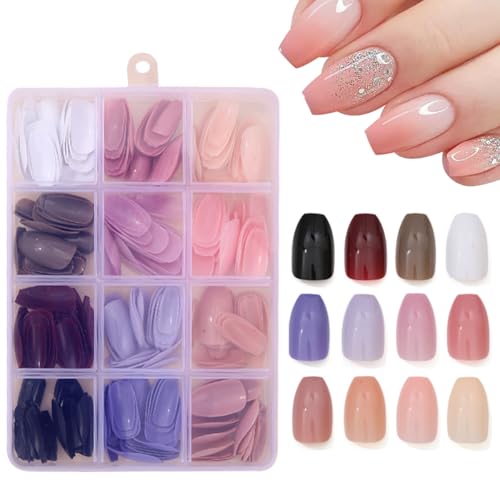 288 Pcs Press On Nails Short Coffin Fake Nails Press Ons Set Solid Color False Nails Full Cover Acrylic Glue on Nails Reusable Glossy Artificial Nail Kit for Women Girls Manicure 12 Color - color: A006