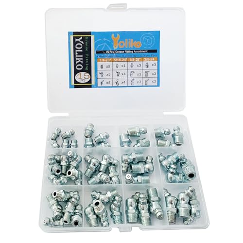 1/4"-3/8" 45Pcs 4 Sizes Grease Fitting Assortment Straight 45 90 Degree Grease Zerk Fittings,Galvanized Steel Grease Fittings and grease gun tips for Industrial/Agricultural Machinery - size: 4Size-45Pcs