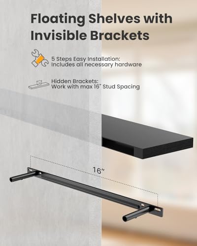 Amada 32 Inch Floating Shelves with Invisible Brackets, Set of 2, Black | Wall Shelves with Hidden Bracket, Solid MDF Wood, 22 lbs Max Load per Shelf, Easy to Assemble, Multi-Wall Compatible - color: Black, size: 32 inches