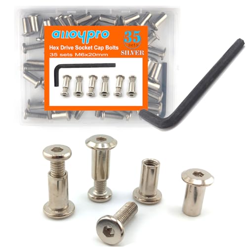 M6 x 3/4" Hex Drive Socket Cap Bolts Screws Kit,ALLOYPRO 35-Sets Binding Post Screws Socket Cover Connecting Bolt Fixing Post Screw for Furniture Chair Crib Table Cabinets,M6x20mm - color: Silver, size: Silver-M6*20mm-35sets