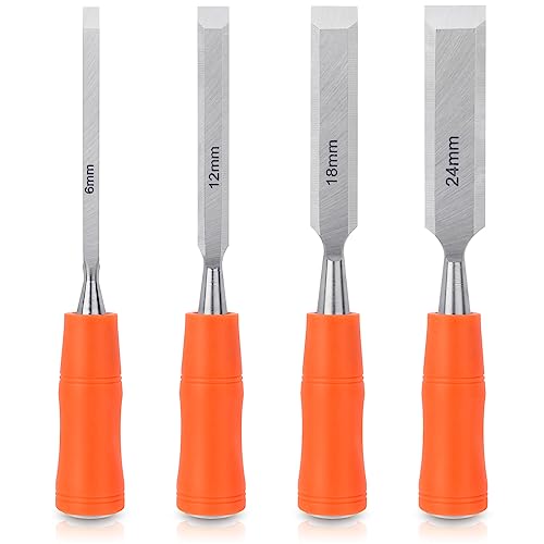 4 Piece Wood Chisel Sets Woodworking Tools Set, Wood Chisels for Woodworking with Steel Hammer End, Wood Tools Chisel Set Woodworking with Ergonomic Plastic Handle, 6mm, 12mm, 18mm, 24mm - size: 4 Pack