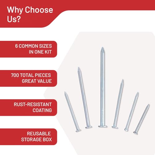 CrimsonMark Nails Assortment Kit - 700 PCS Galvanized Steel Nails for Wall
