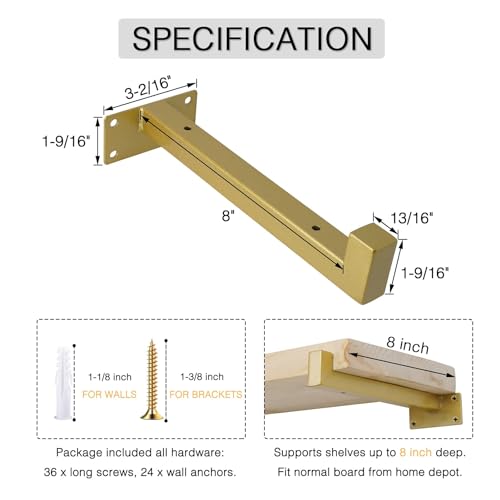 OVOV 6 Pack 8 Inch Gold Shelf Brackets with Lip Wall Shelf Brackets - color: Gold, size: 8 Inch