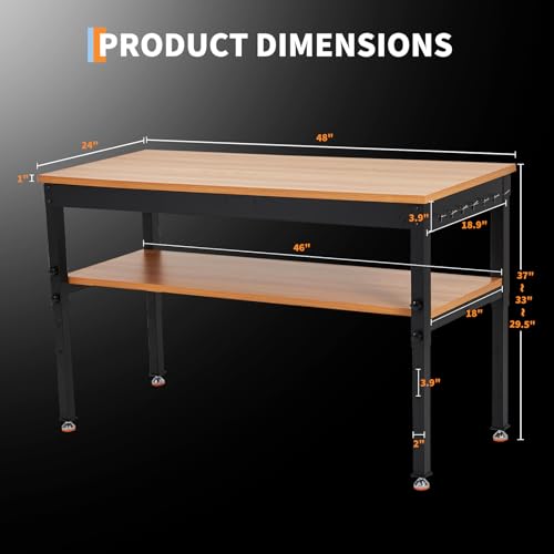 48"x 24" Adjustable Workbench 2500LBS, Work Bench with Power Outlet & Shelf - color: Black-48" X 24"