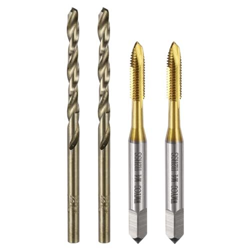 uxcell Metric Tap & Drill Bit Set, 2pcs M4 x 0.7 Spiral Point Thread Taps Titanium Coated and 2pcs 3.3mm Twist Drill Bits Roasted Yellow, Screw Tapping Threading Tools - size: M4 x 0.7 + 3.3mm