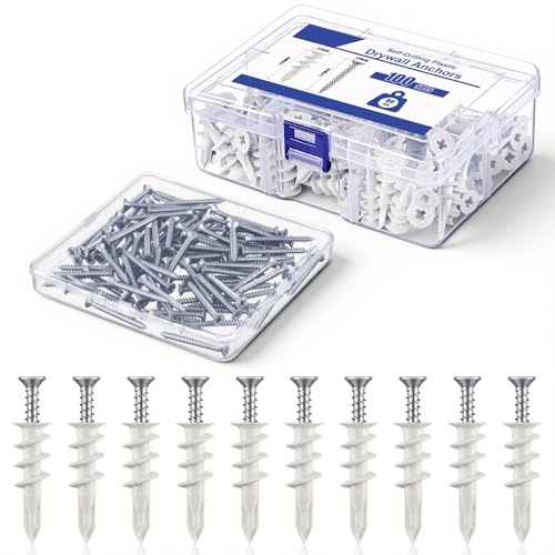 200 Pcs #8 Self Drilling Drywall Anchors and Screws Kit, 100 Anchors, 100 Screws with Organizer Box, Heavy Duty 80 LBS, No Drill Holes Required for Hanging TVs, Mirrors, Picture Frames, Shelves(White)