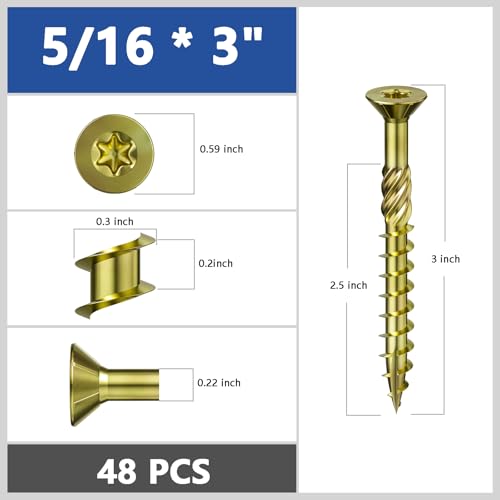 Wensilon 5/16 * 3" Yellow Zinc Deck Screws, (48pcs) 2 lbs.Exterior Wood Screws, Bronze, Star Bit - color: Yellow, size: 5/16*3"