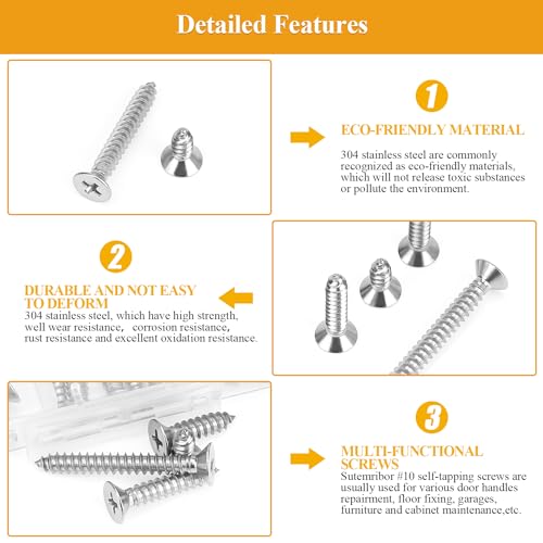 115 Pieces #10 x 1/2" 3/4" 1" 1-1/4" 1-1/2" Wood Screws Set, Phillips Countersunk Head #10 Self-Tapping Screws Assortment Kit, 304 Stainless Steel - size: #10, style: Phillips Countersunk Head