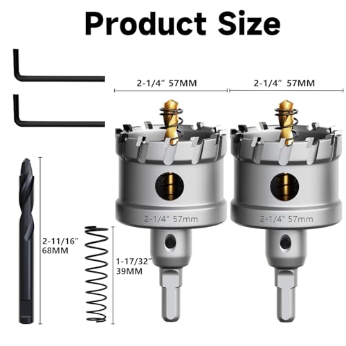 Metal Hole Saw 2-1/4''(57mm) 2Pcs Set Heavy Duty Tungsten Carbide Tipped Hole Cutters Set with a nitrided Step Drill and L-flench, for Steel Iron,Aluminum,Stainless stell,Plastic - size: 2-1/4''(57mm)-2PCS