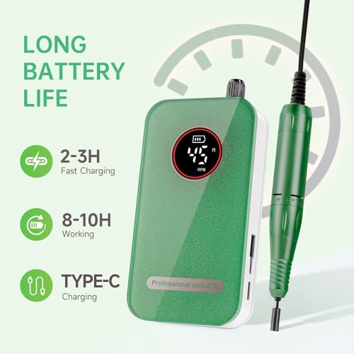 Professional Nail Drill, 45000RPM Rechargeable Electric File,Soft Green - color: Fresh Green