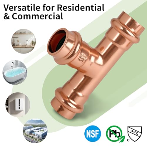 3/4 Inch Copper Press Tee – PxPxP 3-Way Pipe Fitting, 3/4'' Press Fittings Compatible, Lead-Free Copper Plumbing Fittings for Potable Water – 10 Pack - size: 3/4" copper press tee-10P