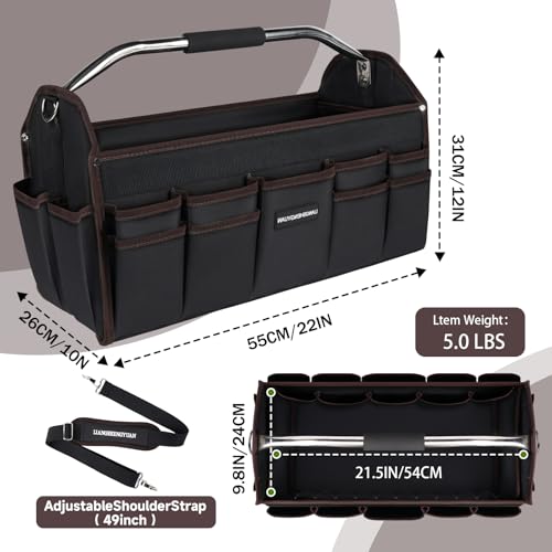 22 In Tool Carrier, Open Top Tool Tote 30 Pockets, Waterproof Tool Bag For Men, Foldable Wide Mouth Electricians Tool Bag, With Stainless Steel Handle and Removable Shoulder Strap - size: 22in