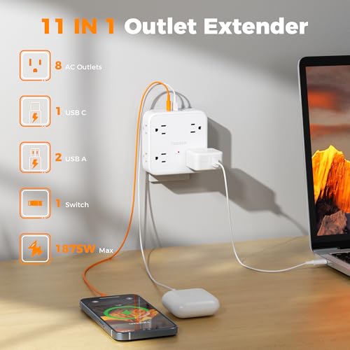 TESSAN Wall Surge Protector Outlet Extender with 8 Outlets Wall Charger - color: White, size: 2 USB-A+1 USB-C