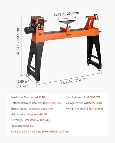 VEVOR 2 HP Wood Lathe, 18 x 40 Inches, 150–3200 RPM Variable Speed, Brushless DC Motor, Cast Iron Body, Tool Rest - size: 16" x 40"-2 HP
