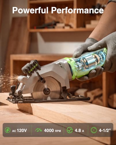 TaskStar Mini Circular Saw with Laser Guide: 4.8A 4000RPM Compact Corded Power Cutter, 4-1/2 in Electric Hand Tool with Rip Fence, 3 Blades for Wood, Soft Metal, Tile, Plastic Cutting