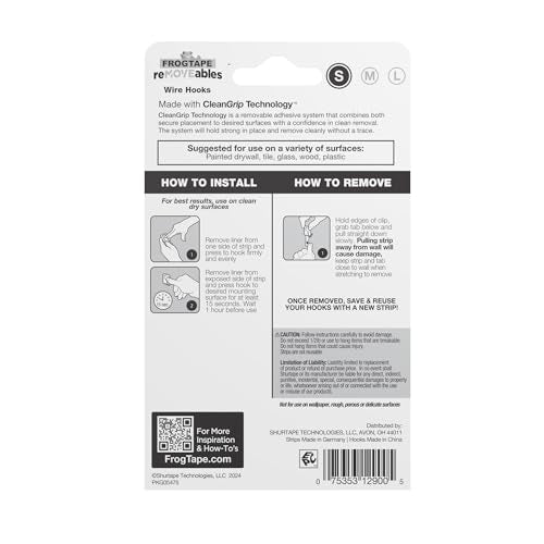 FrogTape reMOVEables Damage Free Adhesive Hook - Removable & Reusable Small Wire Wall Hooks for Hanging - No Nails - Includes 9 Hooks & 12 Adhesive Strips - Holds up to 0.5 lb - Clear (Pack of 18) - color: Clear, size: Pack of 18, style: Small