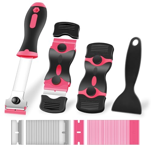 NECAMOCU 4 Pack Razor Blade Scraper, Includes 50 PCS Metal & Plastic Blades - color: Pink