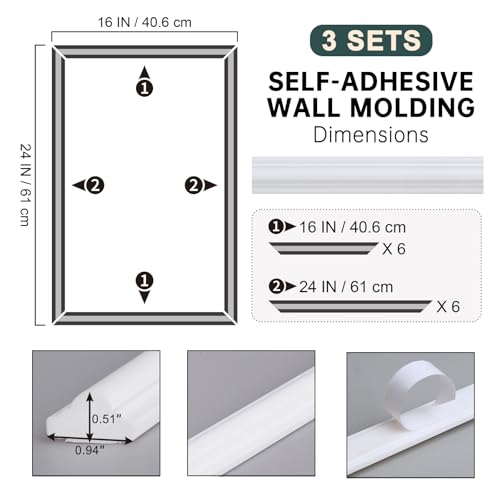 Melkus Peel and Stick Wall Molding Kit, 3 Sets 16"x24" Precut Wainscoting Panels, Self Adhesive Molding Trims for Interior Wall Décor - size: 3 Set/16"x24"