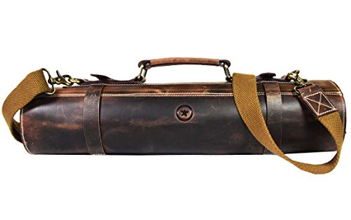 Leather Knife Roll Storage Bag, Elastic and Expandable 10 Pockets, Adjustable/Detachable Shoulder Strap, Travel-Friendly Chef Knife Case (Dark Brown, Leather) - color: Dark Brown