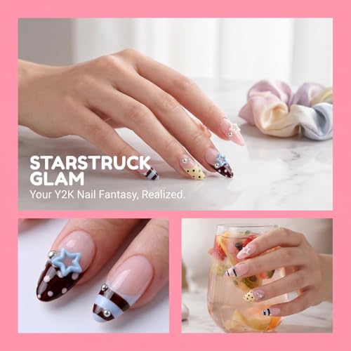 Medium Almond Press On Nails with French Tip Y2K Star Polka Dot Stripe - color: Style17
