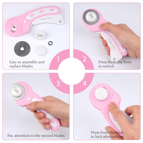 45mm Rotary Cutter for Fabric with 5 Extra Blades, Roller, with Safety Lock - color: Pink