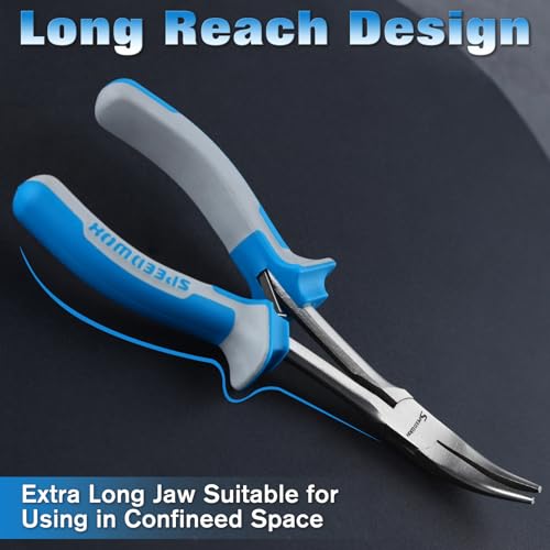 SPEEDWOX Long Reach Bent Nose Pliers 6 Inches 45 Degree Curved Mini Chain Nose Smooth Tapered Jaws Precision Fine Pliers for Hard to Reach Narrow Spaces High Leverage Reduce Efforts Non-slip Handle - style: Bent Nose Pliers