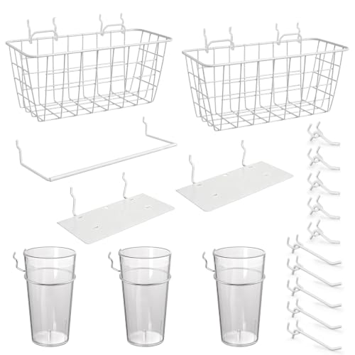 Pegboard Organizer Accessories, 18 Pack Baskets Cups Hooks (White+Clear) - color: White+Clear