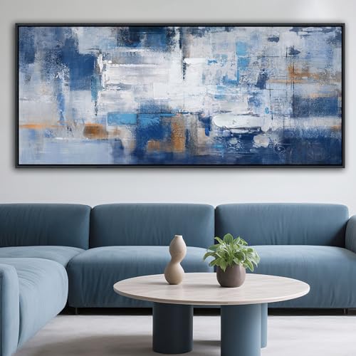 KLAKLA Extra Large Wall Art 86x29 Inches - Abstract Huge Canvas Picture Wall Decor Living Room Oversized Artwork for Walls Bedroom Office Decoration Modern Frame Wall Art - color: Blue-White-Gray + Black frame, size: 86"L x 39"W